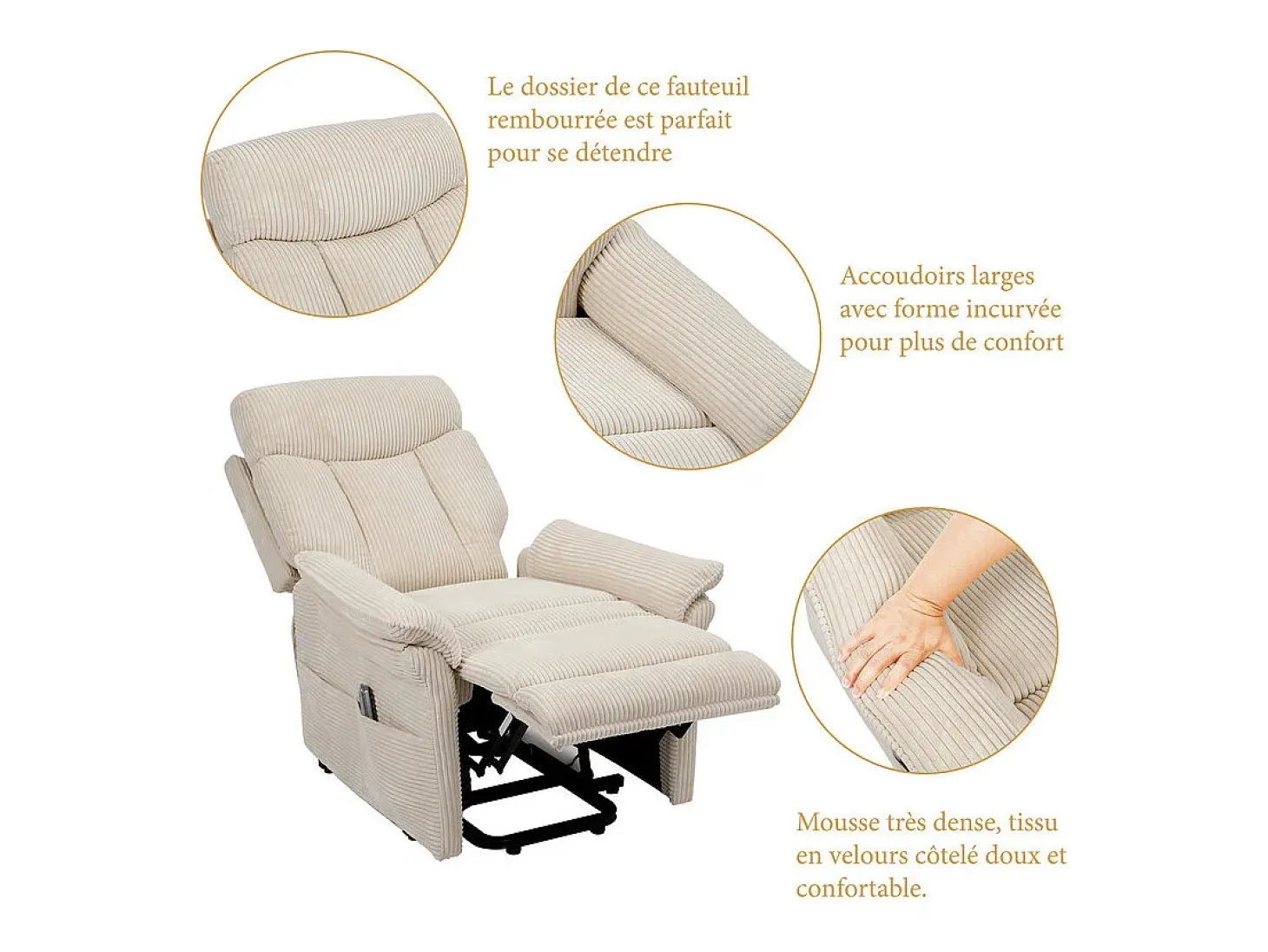 Cadeira relax de veludo cotelê com elevador elétrico, controle remoto, bolso lateral, regulável 90°-160°, Bege
