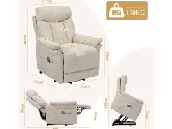 Cadeira relax de veludo cotelê com elevador elétrico, controle remoto, bolso lateral, regulável 90°-160°, Bege