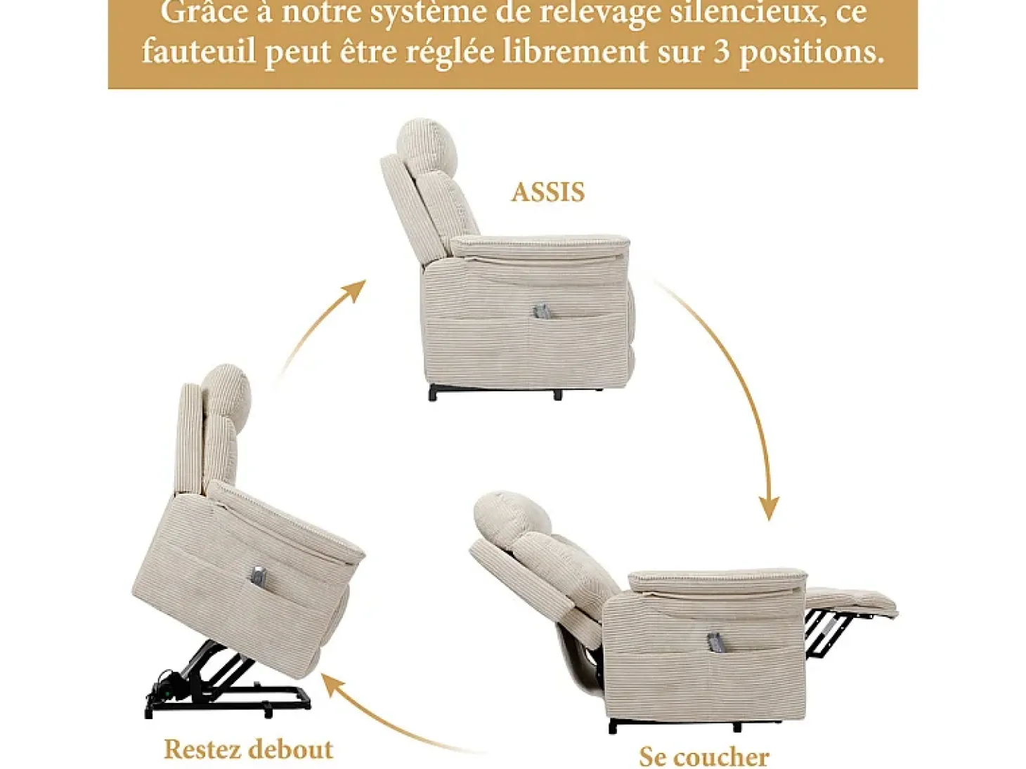 Cadeira relax de veludo cotelê com elevador elétrico, controle remoto, bolso lateral, regulável 90°-160°, Bege