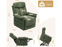Cadeira relax de veludo cotelê com elevador elétrico, controle remoto, bolso lateral, regulável 90°-160°, Verde