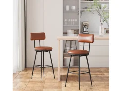 cadeiras de bar modernas com encosto, couro sintético marrom, estrutura de metal, assento com 65 cm de altura