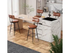 cadeiras de bar modernas com encosto, couro sintético marrom, estrutura de metal, assento com 65 cm de altura