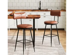 cadeiras de bar modernas com encosto, couro sintético marrom, estrutura de metal, assento com 65 cm de altura