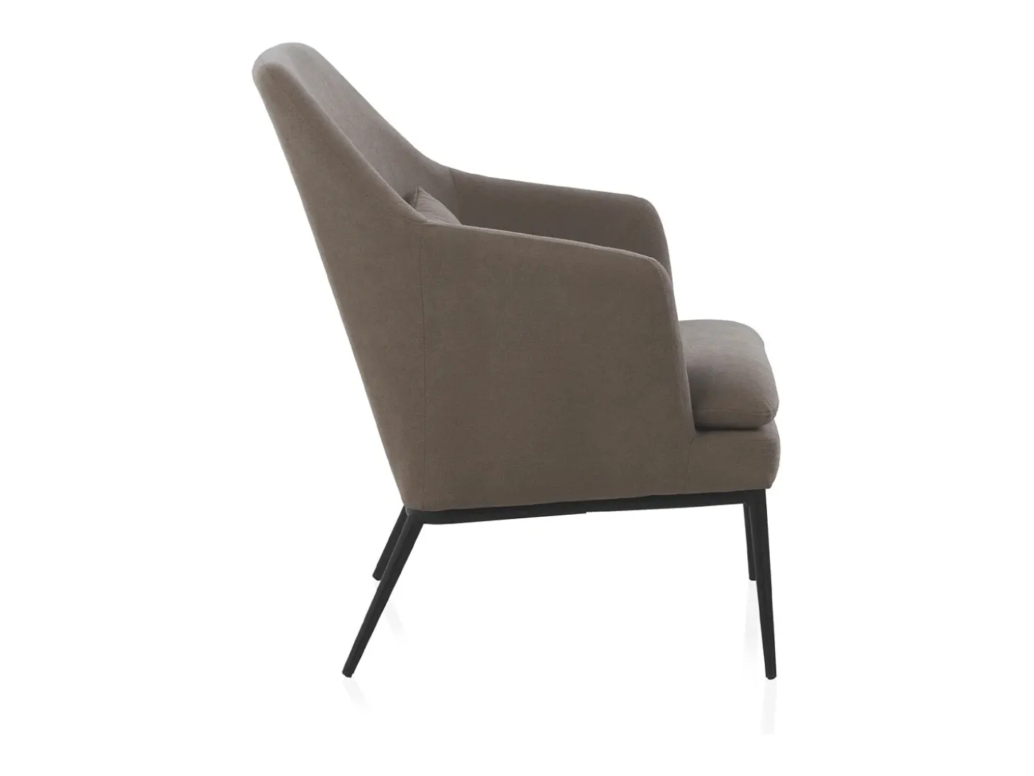 Cadeirão estofado em cor taupe com almofada e pernas em metal preto