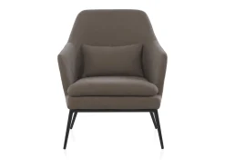 Cadeirão estofado em cor taupe com almofada e pernas em metal preto