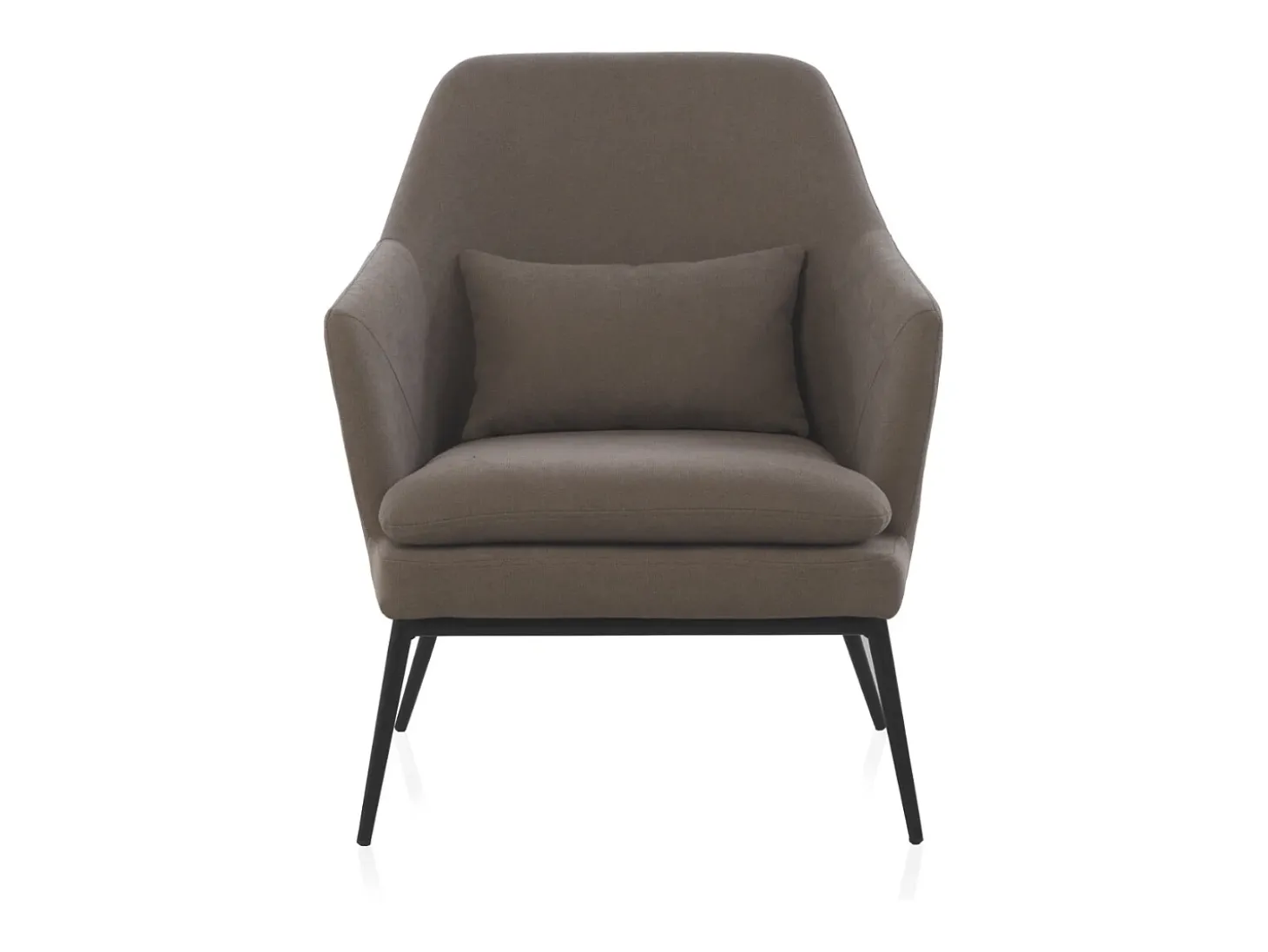 Cadeirão estofado em cor taupe com almofada e pernas em metal preto