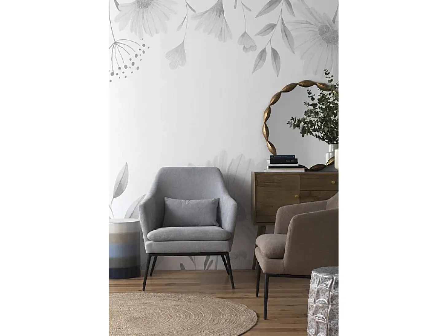 Cadeirão estofado em cor taupe com almofada e pernas em metal preto