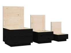 Caixas de arrumação com tampas 3 pcs pinho maciço preto