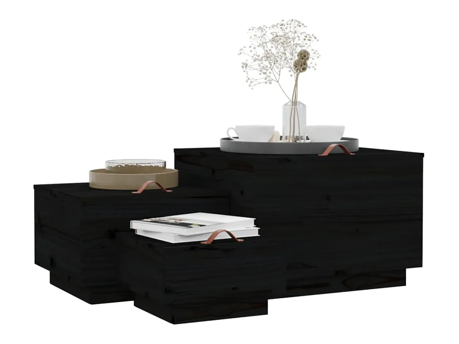 Caixas de arrumação com tampas 3 pcs pinho maciço preto