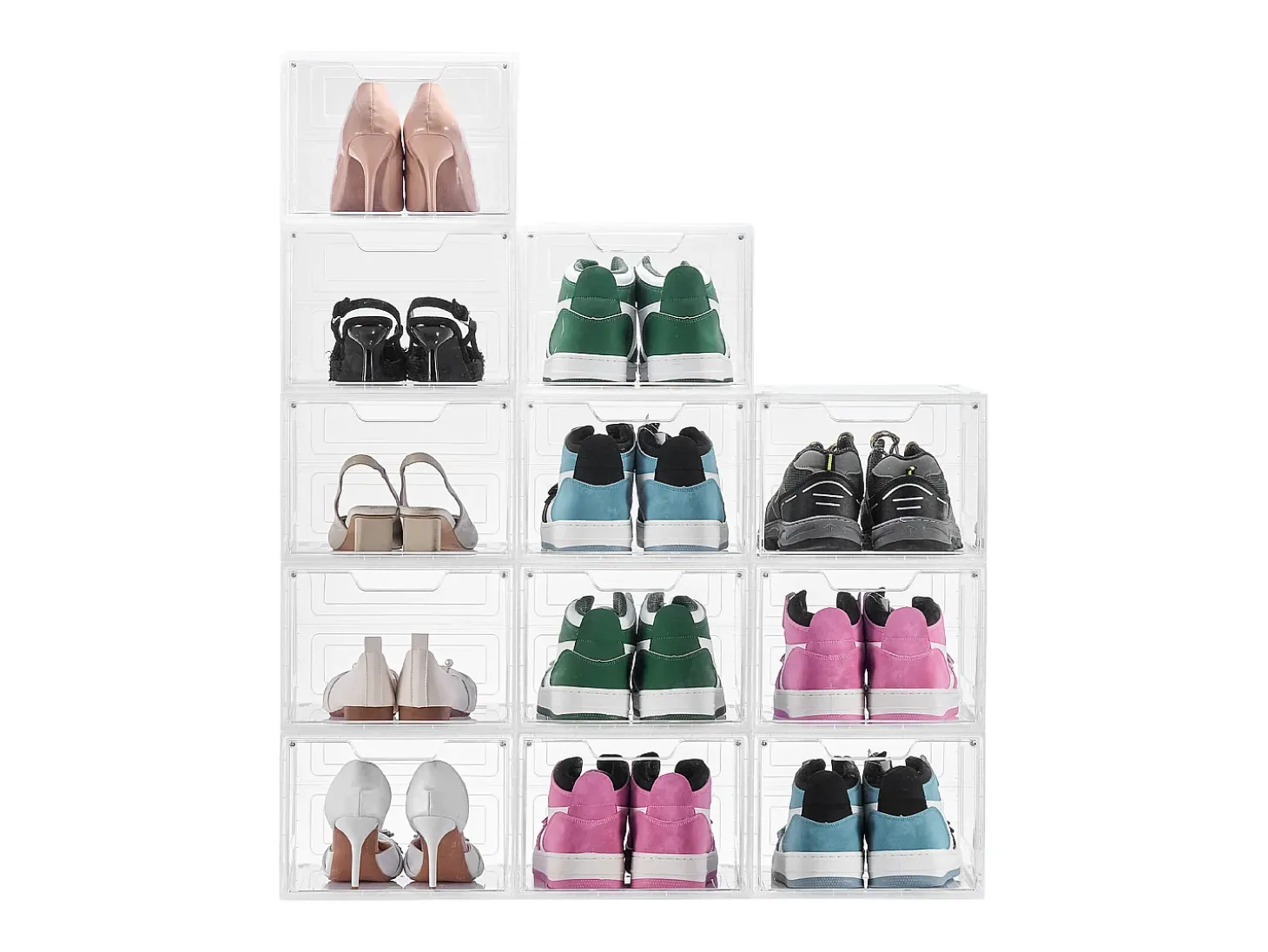 Caixas de Sapatos Empilháveis SucceBuy Conjunto de 12, Adequadas até Tamanho US 13, Plástico Durável com Porta Magnética, Ideais para Saltos