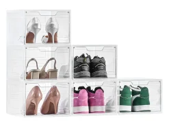 Caixas de Sapatos Empilháveis SucceBuy Conjunto de 6, Adequadas para Tamanhos até US 13, Plástico Durável com Porta Magnética, Ideais para Saltos