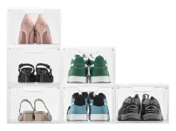 Caixas de Sapatos Empilháveis SucceBuy Conjunto de 6, Adequadas para Tamanhos até US 13, Plástico Durável com Porta Magnética, Ideais para Saltos