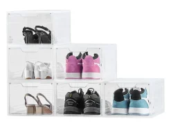 Caixas de Sapatos Empilháveis SucceBuy Conjunto de 6, Adequadas para Tamanhos até US 13, Plástico Durável com Porta Magnética, Ideais para Saltos