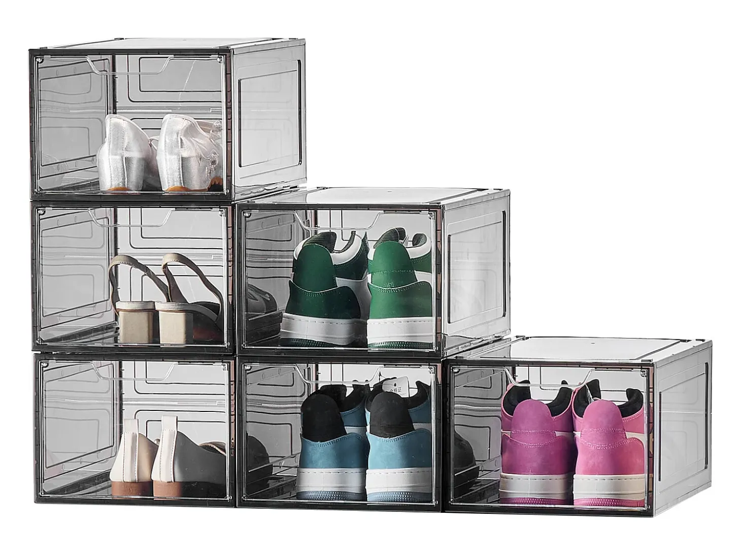 Caixas de Sapatos Empilháveis SucceBuy Conjunto de 6, Adequadas para Tamanhos até US 13, Plástico Robusto com Porta Magnética, Ideais para Saltos