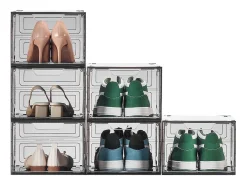 Caixas de Sapatos Empilháveis SucceBuy Conjunto de 6, Adequadas para Tamanhos até US 13, Plástico Robusto com Porta Magnética, Ideais para Saltos