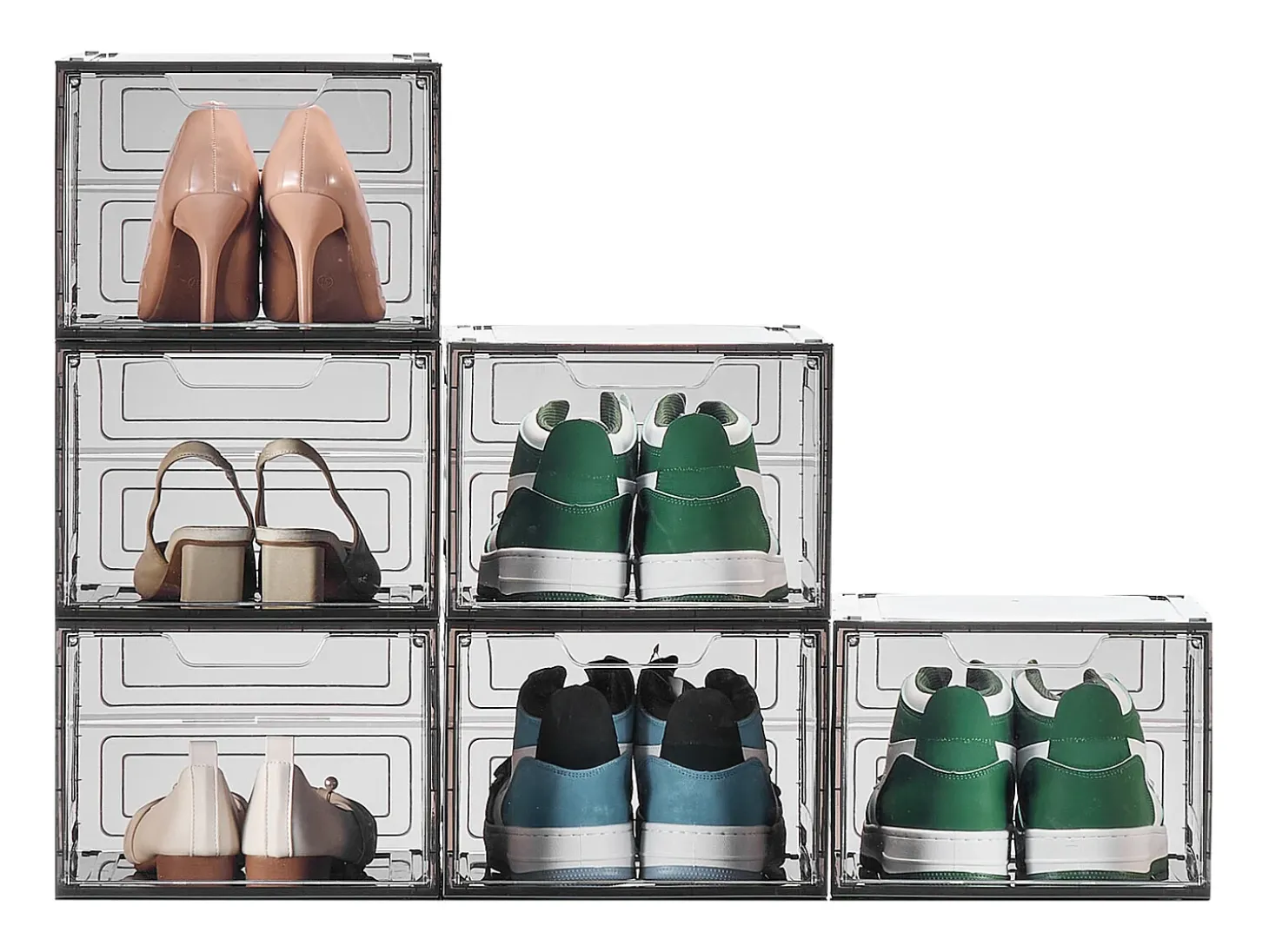 Caixas de Sapatos Empilháveis SucceBuy Conjunto de 6, Adequadas para Tamanhos até US 13, Plástico Robusto com Porta Magnética, Ideais para Saltos