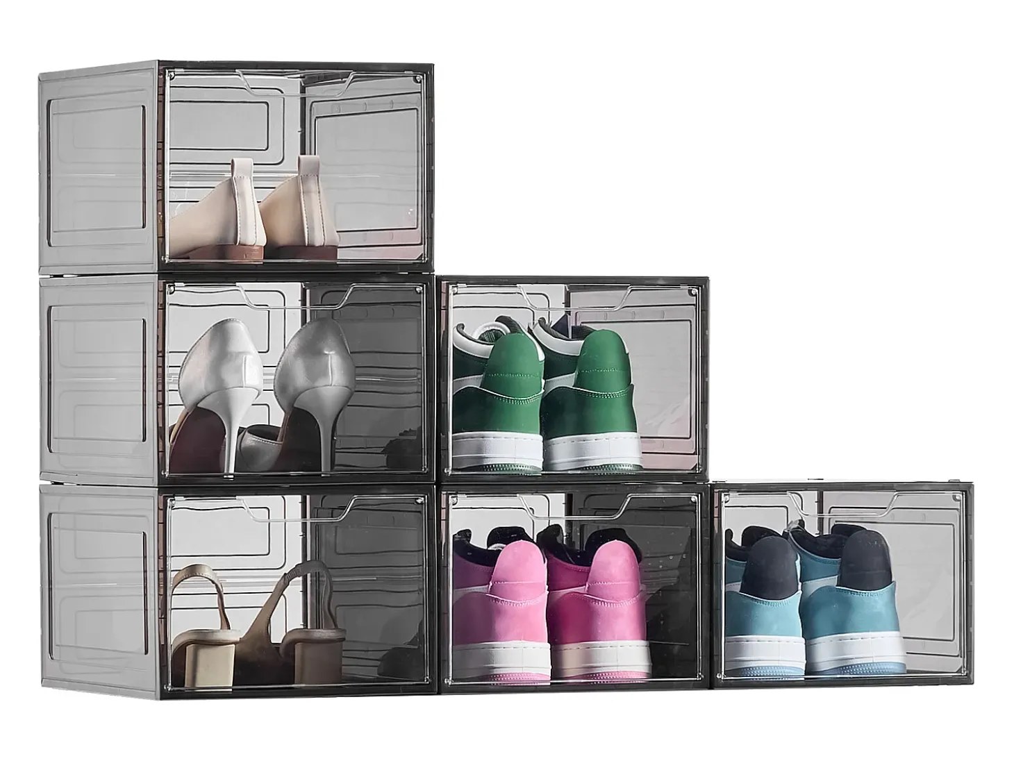 Caixas de Sapatos Empilháveis SucceBuy Conjunto de 6, Adequadas para Tamanhos até US 13, Plástico Robusto com Porta Magnética, Ideais para Saltos