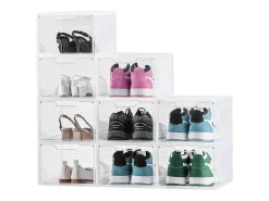 Caixas para Sapatos Empilháveis SucceBuy, Conjunto de 9, Arrumação de Sapatos até ao Tamanho 13 (EUA), em Plástico, para Arrumar Botas, Branco Transparente