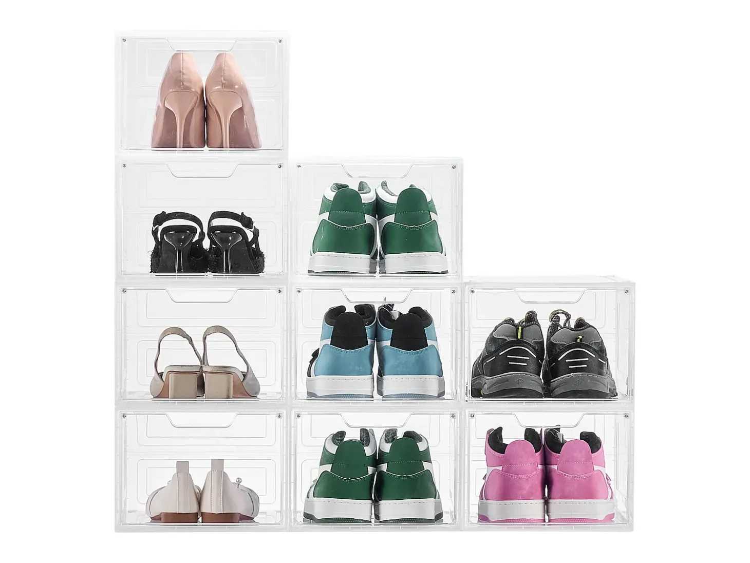 Caixas para Sapatos Empilháveis SucceBuy, Conjunto de 9, Arrumação de Sapatos até ao Tamanho 13 (EUA), em Plástico, para Arrumar Botas, Branco Transparente