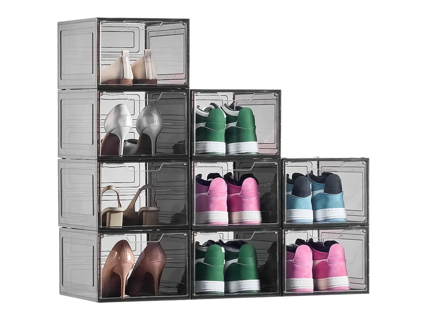 Caixas para Sapatos Empilháveis SucceBuy, Conjunto de 9, Arrumação de Sapatos até ao Tamanho 13 dos EUA, em Plástico, para Arrumar Botas, Preto Transparente