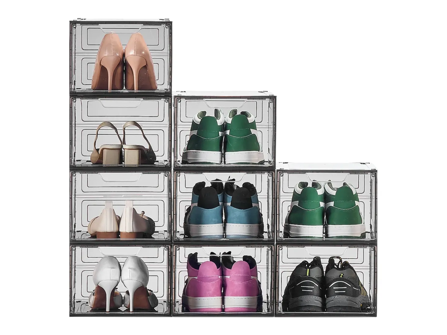 Caixas para Sapatos Empilháveis SucceBuy, Conjunto de 9, Arrumação de Sapatos até ao Tamanho 13 dos EUA, em Plástico, para Arrumar Botas, Preto Transparente