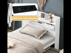 Cama 90 x 200 cm com 5 gavetas, porta USB e compartimentos de armazenamento - madeira de pinho - cor branca
