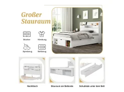 Cama 90 x 200 cm com 5 gavetas, porta USB e compartimentos de armazenamento - madeira de pinho - cor branca