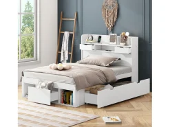 Cama 90 x 200 cm com 5 gavetas, porta USB e compartimentos de armazenamento - madeira de pinho - cor branca