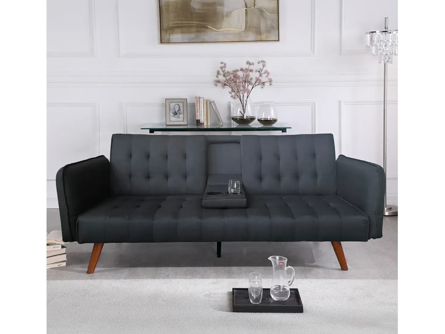 Canapé Conversível 3 Lugares Preto INVERNESS com Mesa Central Rebatível - Conforto Ótimo e Design Moderno