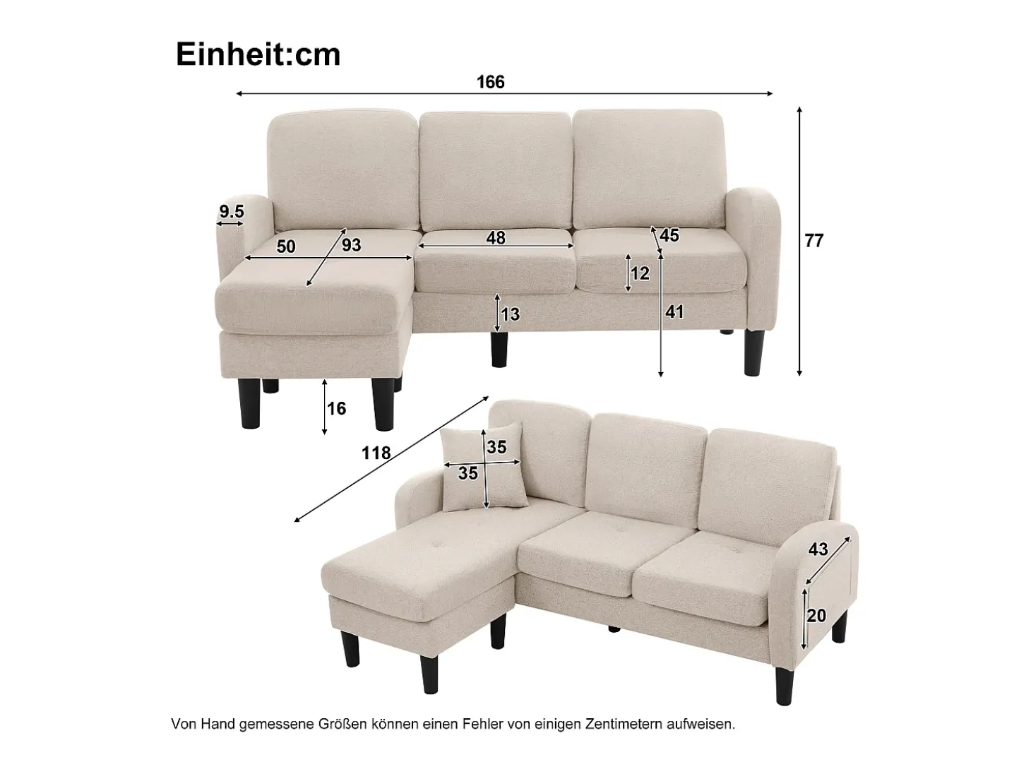 Canapé d'angle avec méridienne - 3 places - tissu en coton et lin - Beige
