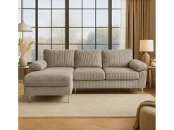 Canapé de canto 4-5 lugares com chaise longue esquerda em veludo cotelê bege GALWAY
