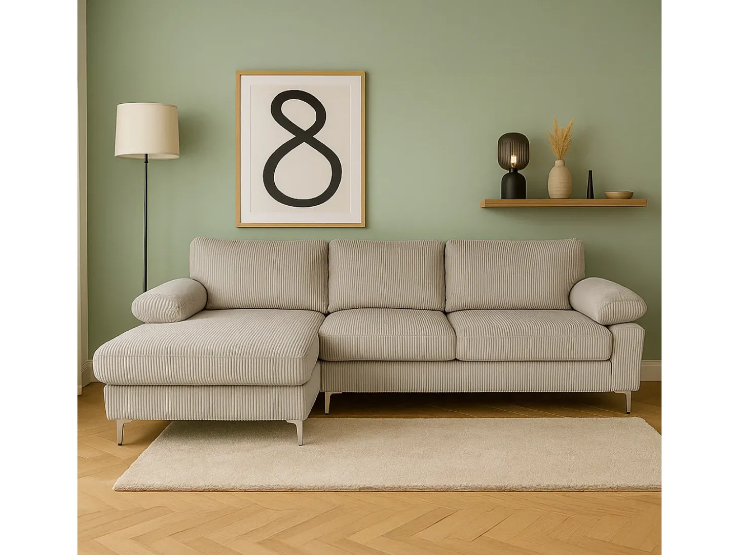 Canapé de canto 4-5 lugares com chaise longue esquerda em veludo cotelê bege GALWAY