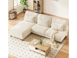 Canapé de canto reversível em veludo cotelê - 2 lugares + méridienne - Bege - 256 x 160 x 88 cm