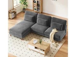 Canapé de canto reversível em veludo cotelê - 2 lugares + méridienne - Cinza - 256 x 160 x 88 cm