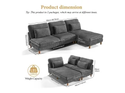 Canapé de canto reversível em veludo cotelê - 2 lugares + méridienne - Cinza - 256 x 160 x 88 cm