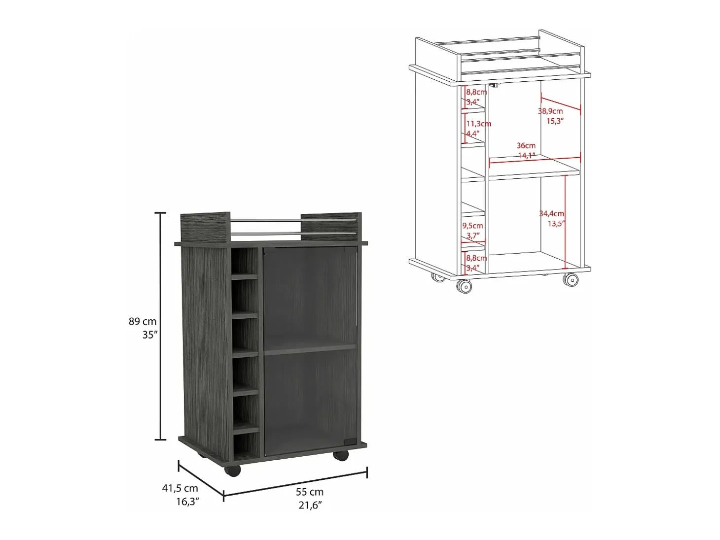 Carrinho de bar Dukat com rodas e porta de vidro , 88.9 cm X 54.86 cm X 41.40 cm , Cinzento