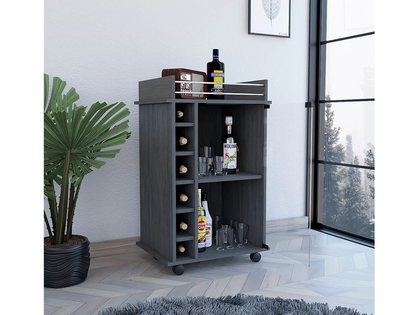 Carrinho de bar Dukat com rodas e porta de vidro , 88.9 cm X 54.86 cm X 41.40 cm , Cinzento