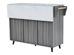 Carrinho de cozinha com rodas, 2 gavetas, 3 portas, tampo extensível em folheado de mármore branco, corpo cinza
