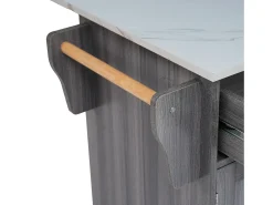 Carrinho de cozinha com rodas, 2 gavetas, 3 portas, tampo extensível em folheado de mármore branco, corpo cinza