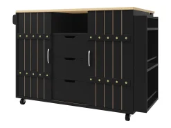 Carrinho de cozinha com rodas e tampo extensível, 2 portas de correr e 3 gavetas, preto - 110x70x90cm