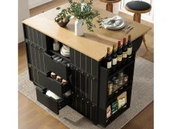 Carrinho de cozinha com rodas e tampo extensível, 2 portas de correr e 3 gavetas, preto - 110x70x90cm