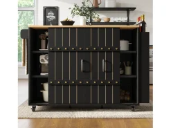 Carrinho de cozinha com rodas e tampo extensível, 2 portas de correr e 3 gavetas, preto - 110x70x90cm