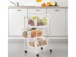 Carrinho de Cozinha com Rodas Branco 3 Cestos Removíveis