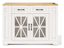 Carrinho de cozinha com rodas, 2 gavetas, 2 portas de vidro, tomada e porta USB, tampo extensível em madeira, corpo branco