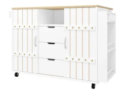 Carrinho de cozinha com rodas e tampo extensível, 2 portas de correr e 3 gavetas, branco - 110x70x90cm