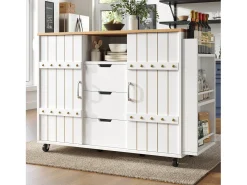 Carrinho de cozinha com rodas e tampo extensível, 2 portas de correr e 3 gavetas, branco - 110x70x90cm