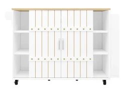 Carrinho de cozinha com rodas e tampo extensível, 2 portas de correr e 3 gavetas, branco - 110x70x90cm