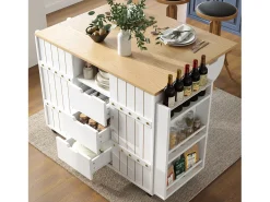 Carrinho de cozinha com rodas e tampo extensível, 2 portas de correr e 3 gavetas, branco - 110x70x90cm