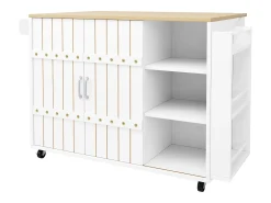 Carrinho de cozinha com rodas e tampo extensível, 2 portas de correr e 3 gavetas, branco - 110x70x90cm