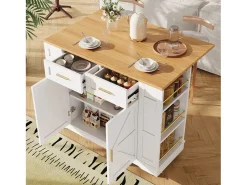 Carrinho de cozinha móvel com tampo extensível em folheado de madeira, 2 gavetas, 2 portas e prateleiras incluídas, branco - 120x65x90cm